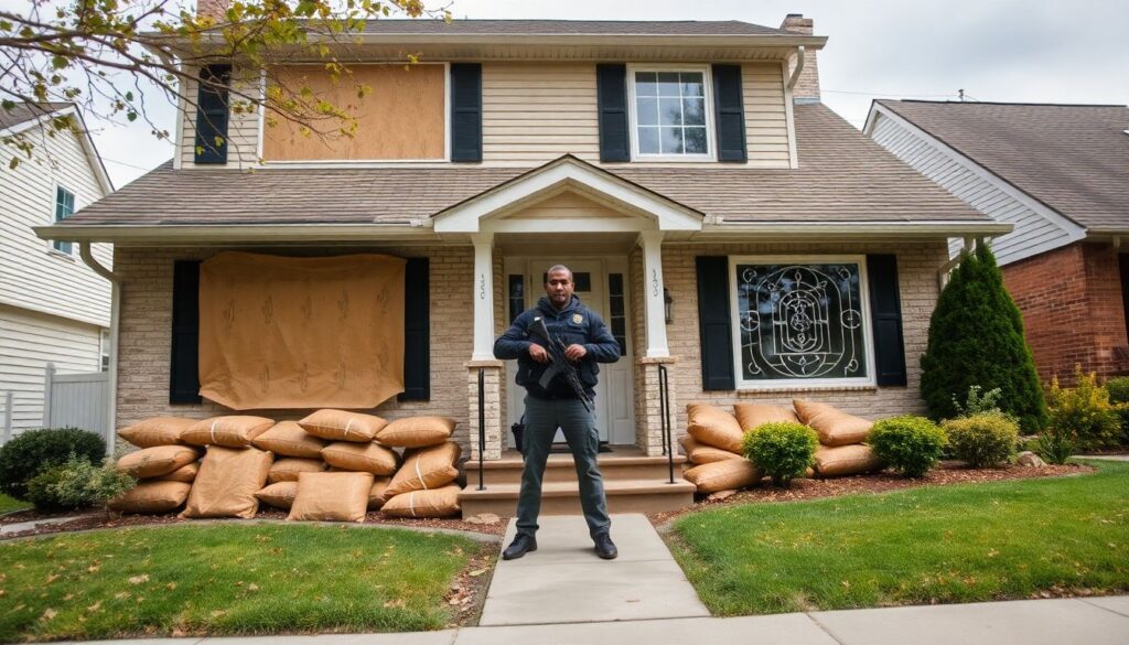 A well-fortified house in a suburban neighborhood, with boarded-up windows, sandbags, and a determined homeowner standing guard, reflecting the seriousness of civil unrest and the importance of home defense.