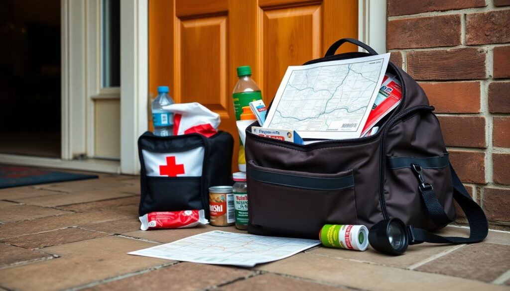 A well-organized bug-out bag sitting beside a front door, with essential items like a first aid kit, water bottles, non-perishable food, a flashlight, and a map visible.