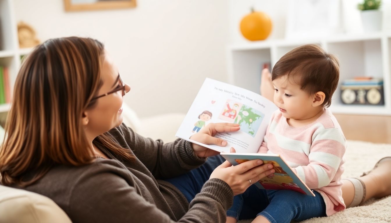 A parent explaining emergency plans to their child using a storybook.