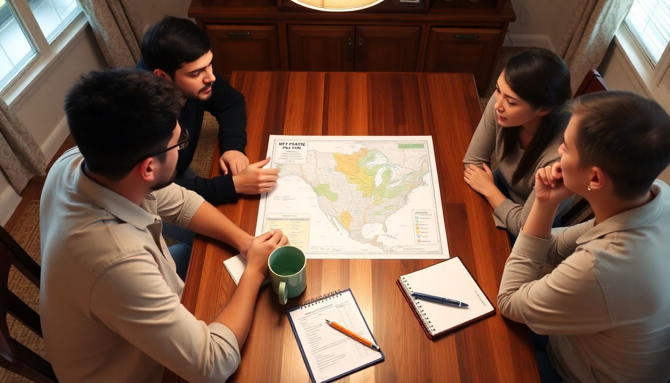 A family discussing their emergency plan at the dinner table, with a map and notepad visible.