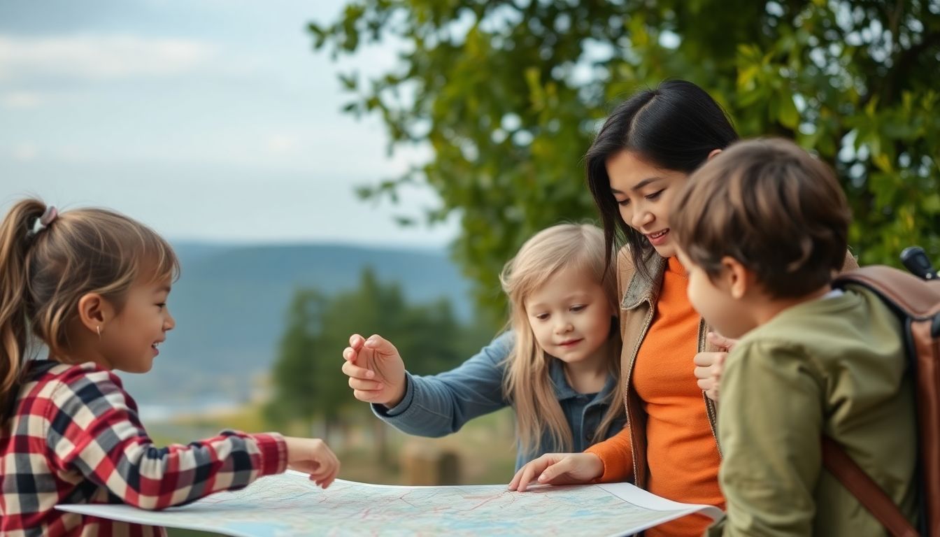 A family discussing and marking safe meeting points on a map.