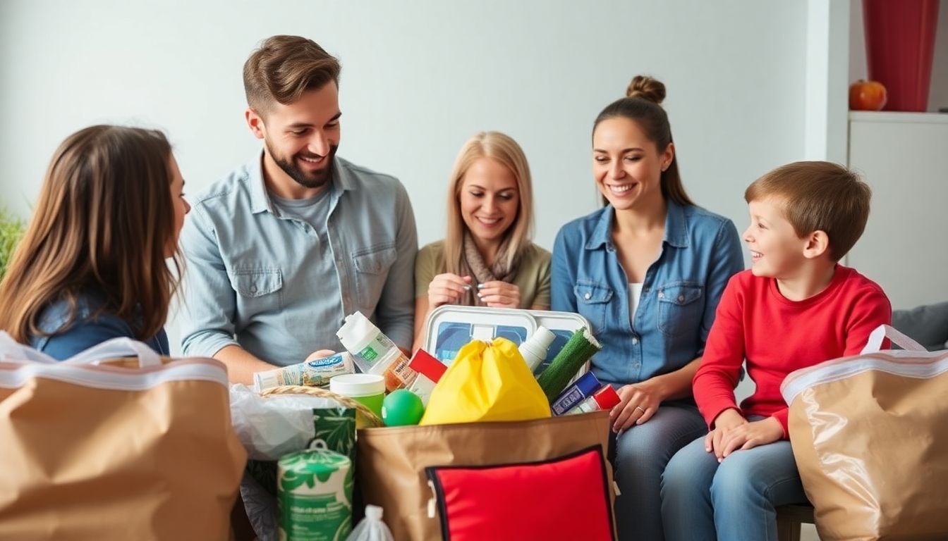 A family packing an emergency supply kit with essential items.