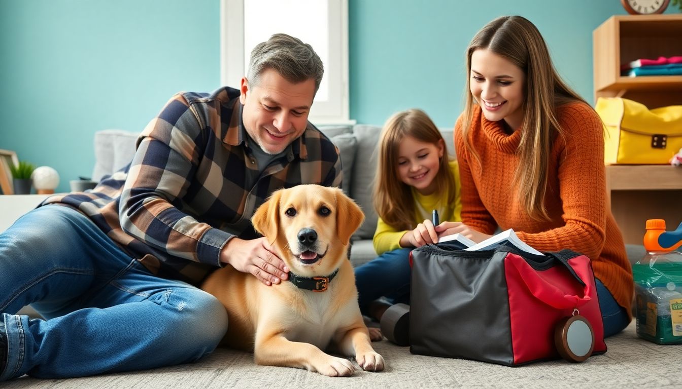 A family including their pet in their emergency planning, packing a pet emergency kit.