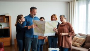 A family standing united in their living room, discussing a map and emergency supplies, with serious yet determined expressions, symbolizing their commitment to creating a family emergency plan for civil disorder.