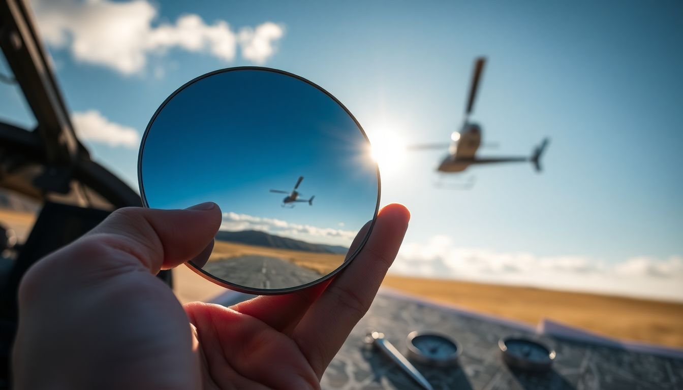 A close-up of a hand holding a signal mirror, reflecting sunlight towards a distant helicopter, with a map and a compass in the background.