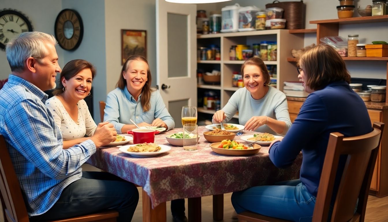 A family sitting around a table, enjoying a meal prepared from their long-term food storage supplies, with a well-stocked pantry visible in the background.