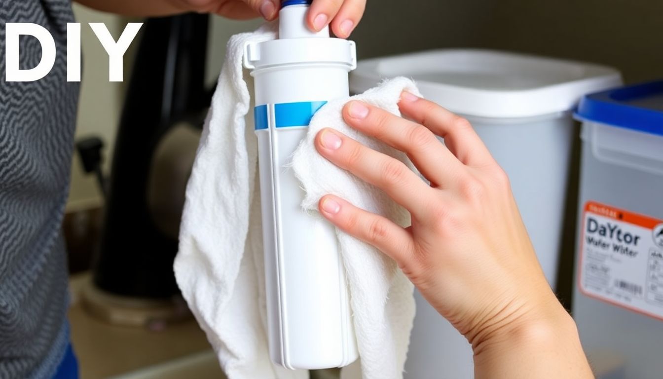 A person cleaning and drying a DIY water filter, with a labeled storage container in the background.