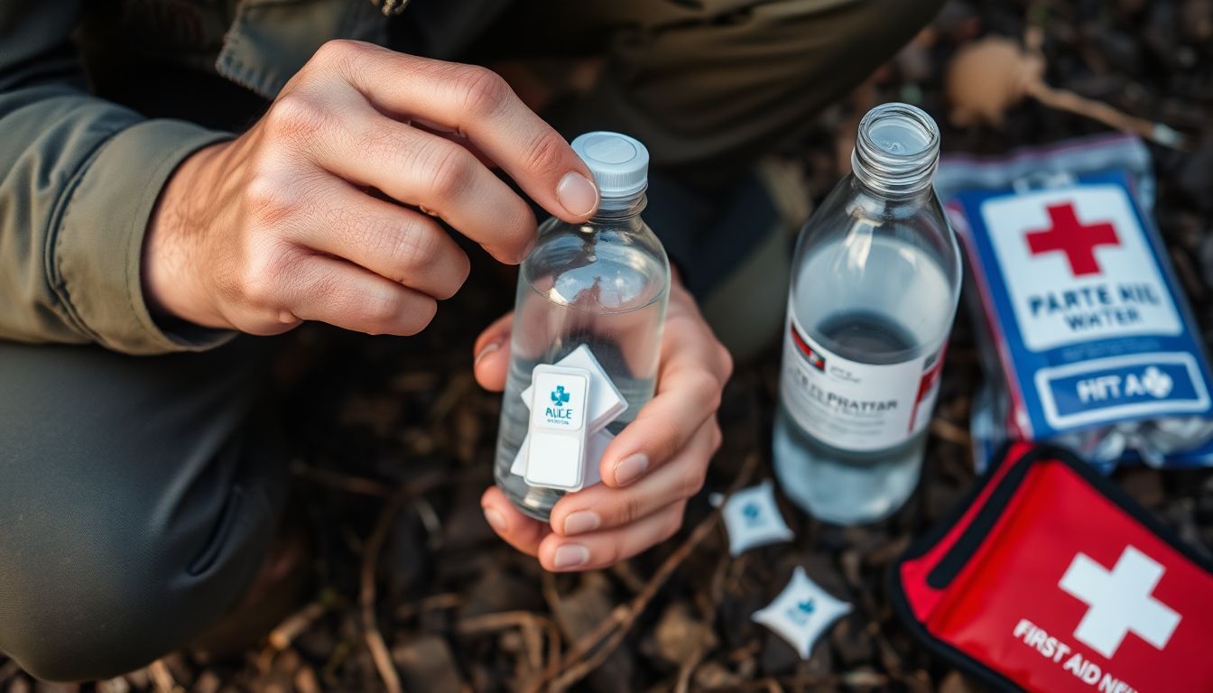 A person using water purification tablets in a survival situation, with a bottle of purified water and a first aid kit nearby.