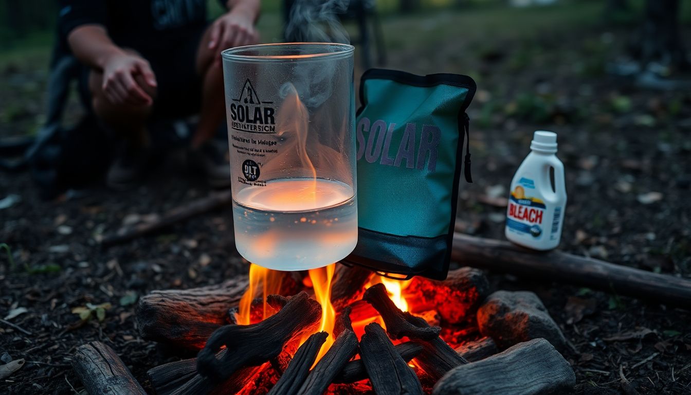 A person boiling water over a campfire, with a solar disinfection bag and a bottle of bleach visible in the background.