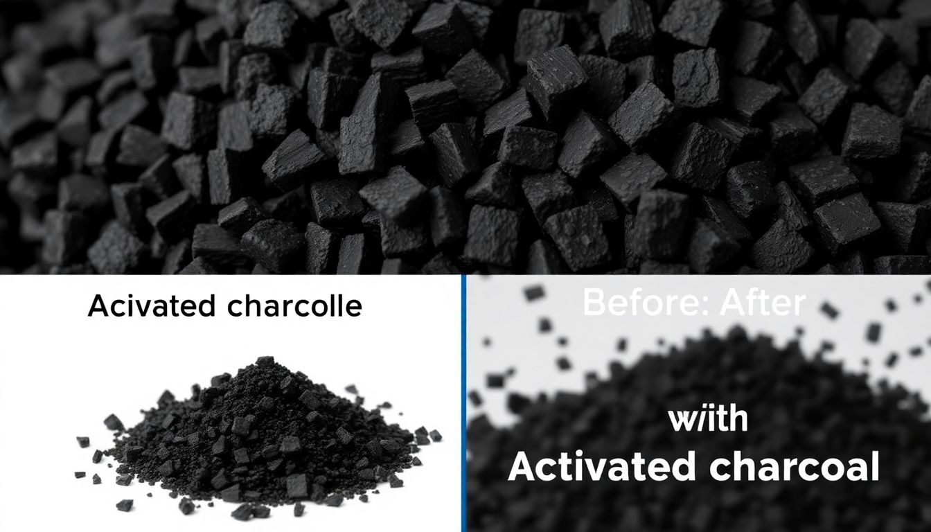 A close-up of activated charcoal granules, with a before-and-after comparison of water quality after passing through a filter with and without activated charcoal.