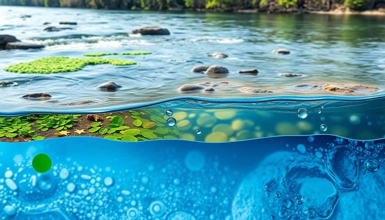 A variety of water sources (river, lake, rainwater) with different contaminants highlighted (e.g., algae, chemicals, sediment).