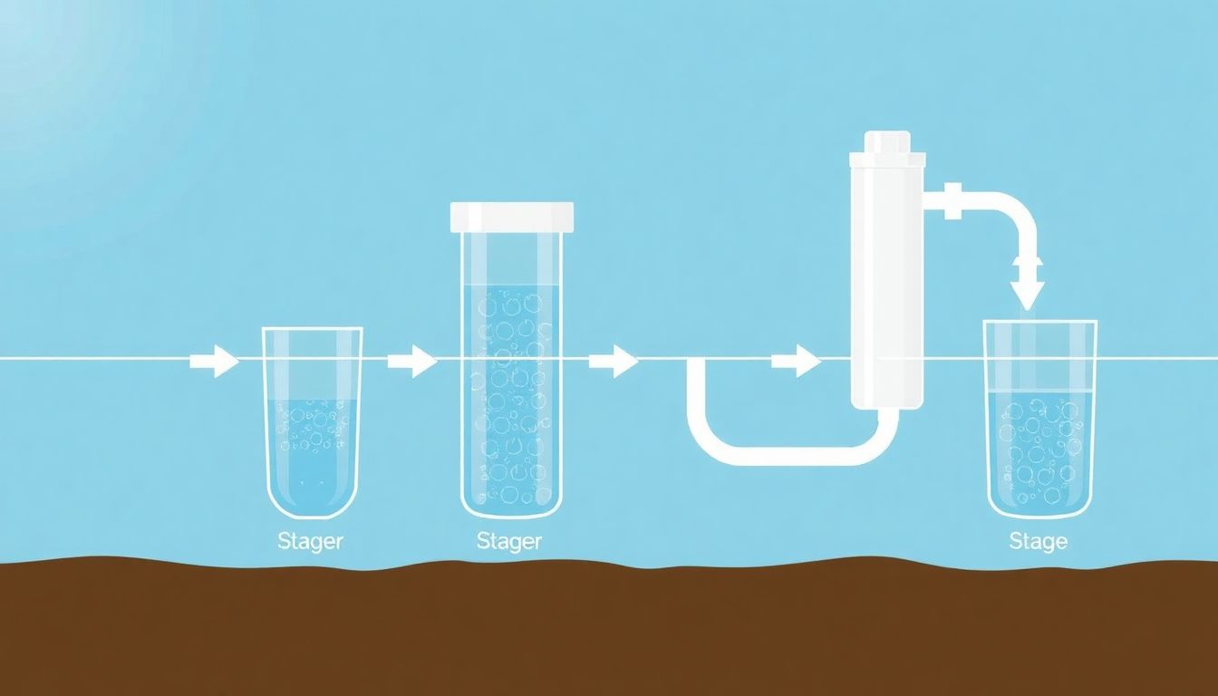 A diagram illustrating the water filtration process, with arrows showing the flow of water through different filtration stages.