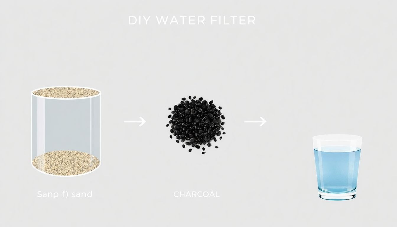 A step-by-step illustration of creating a DIY water filter using sand, gravel, and charcoal, with a glass of filtered water at the end.