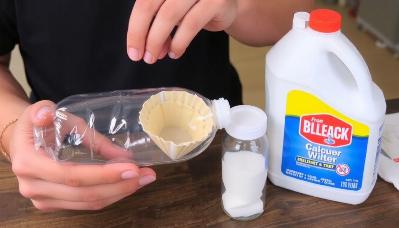 A person assembling a DIY water filter using a plastic bottle, coffee filter, and cotton, with a bottle of bleach nearby for disinfection.