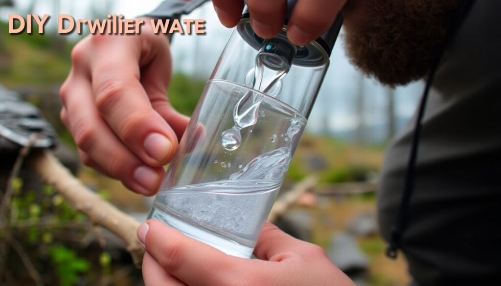 A close-up of a person filtering water using a DIY purifier, with a backdrop of a wilderness survival scene, emphasizing the importance of safe drinking water in survival situations.