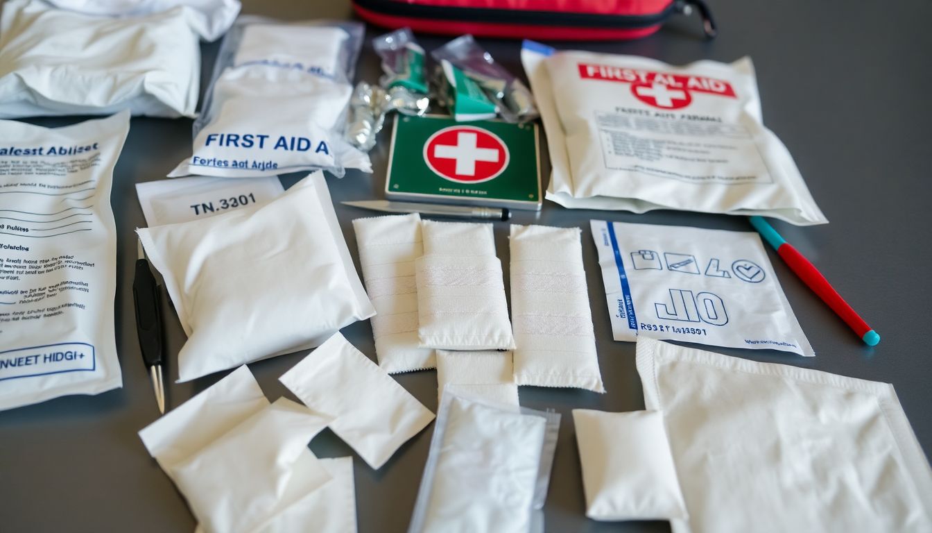 A variety of medical supplies laid out on a table, including bandages, gauze, tweezers, and a first aid manual.