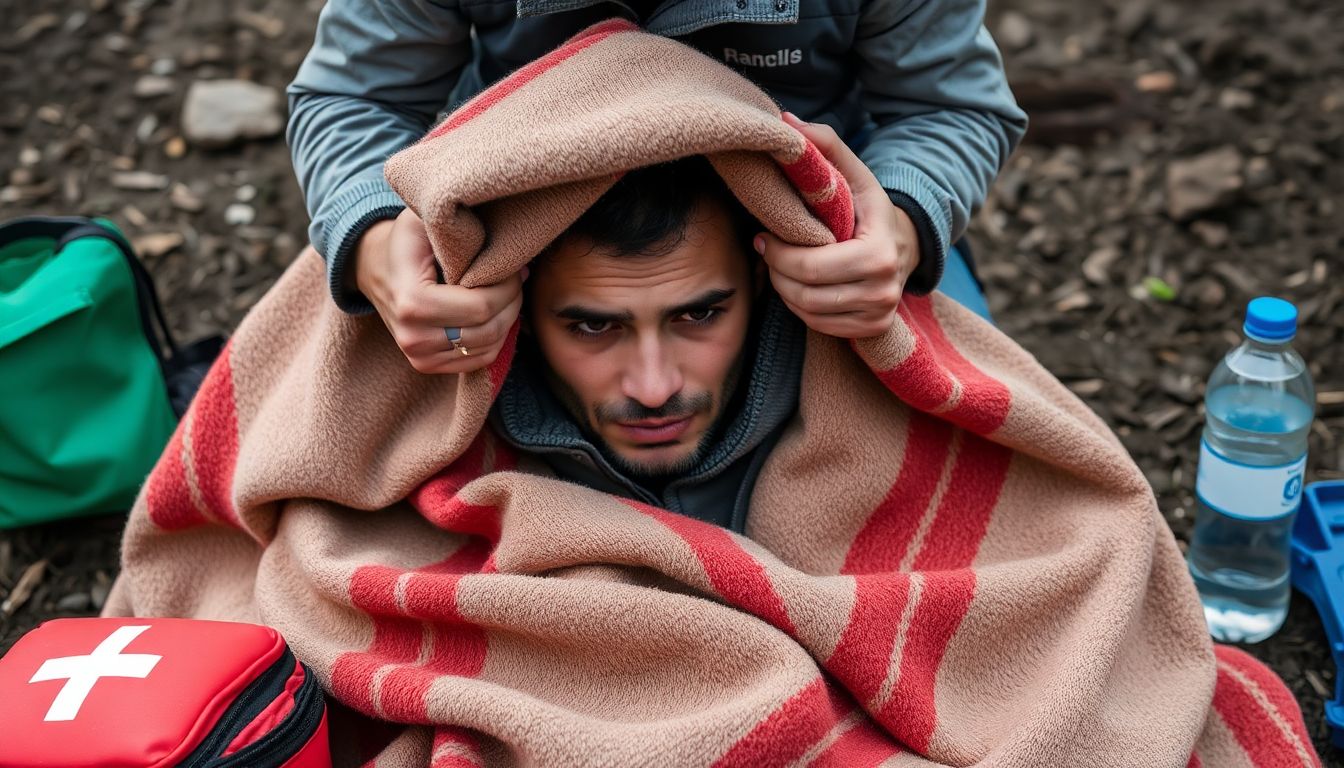 A person wrapping a blanket around a shocked individual, with a first aid kit and a bottle of water visible nearby.