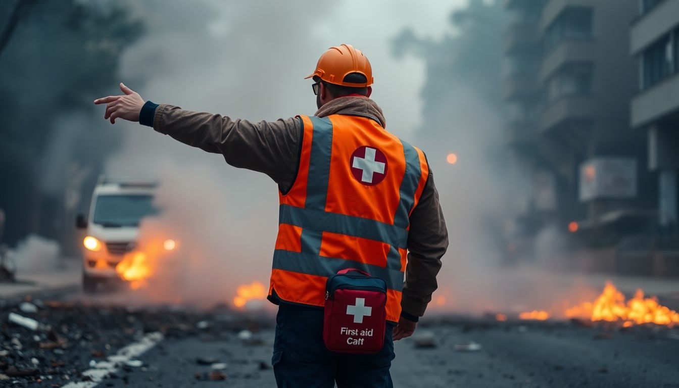 A person in a reflective vest directing traffic amidst smoke and debris, with a first aid kit visible on their belt.