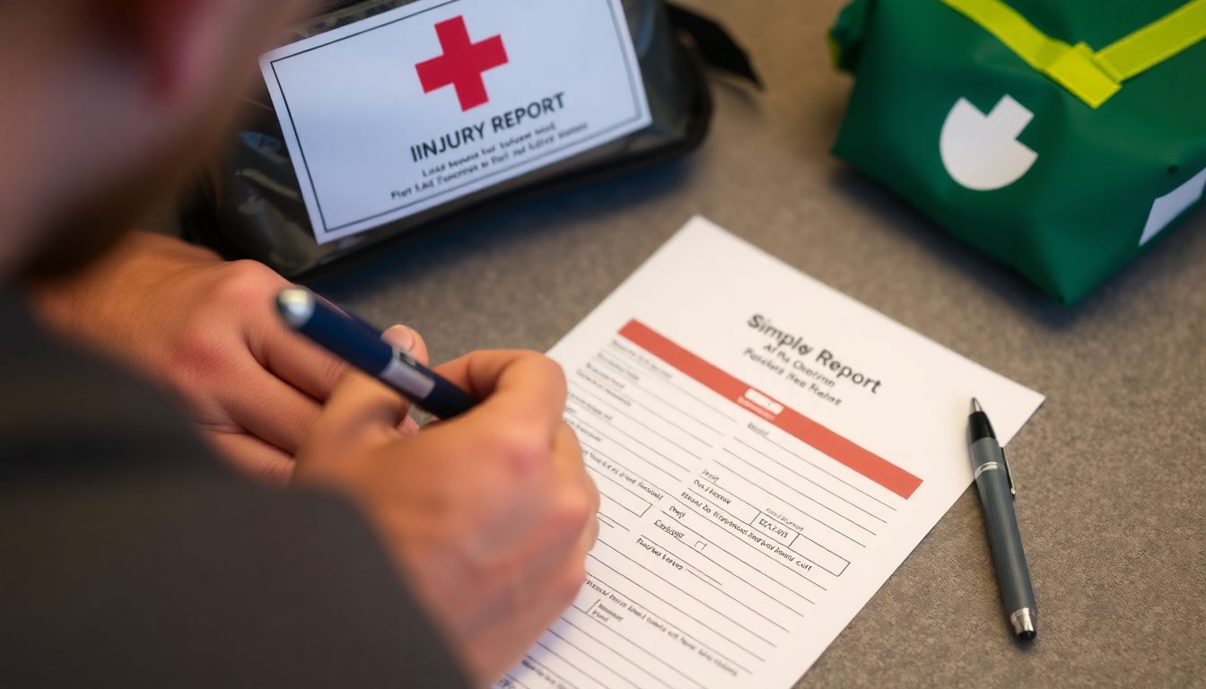 A person filling out a simple injury report form, with a first aid kit and a pen visible nearby.