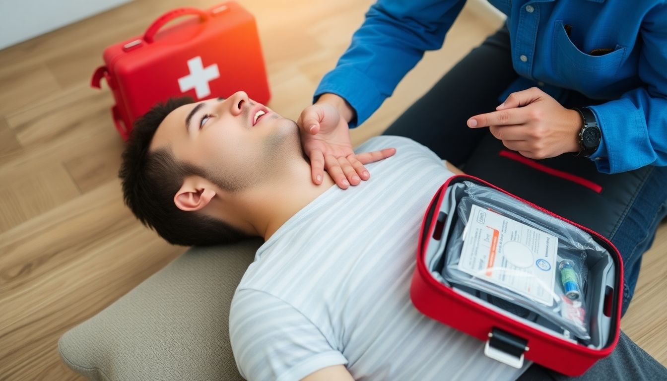 A person checking another person's airway, breathing, and circulation, with a first aid kit open nearby.