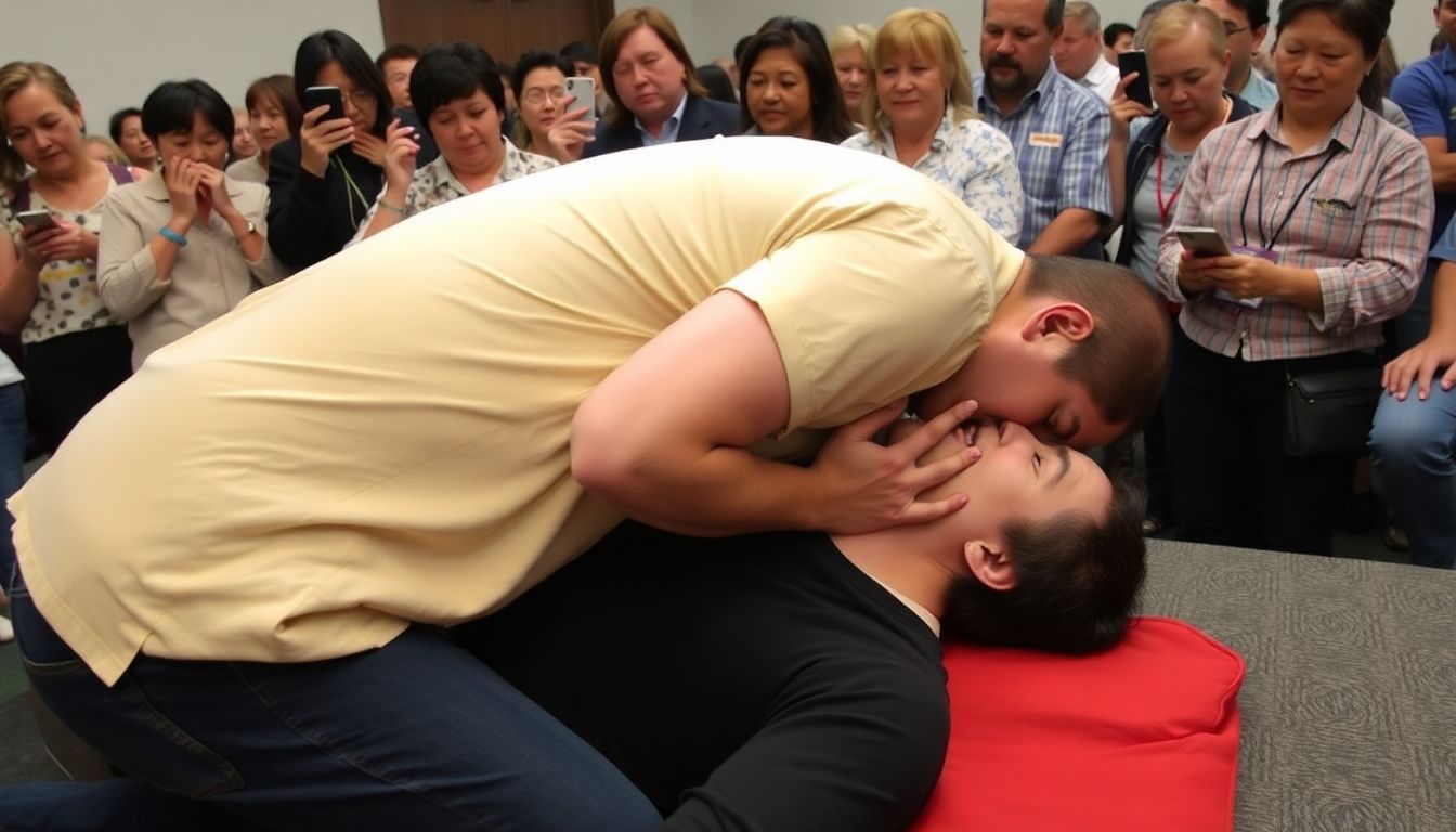 A person administering CPR to an unconscious individual, with a crowd of people watching in the background, some of whom are on their phones, presumably calling for help.