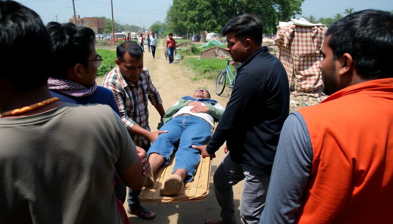 A group of people helping an injured individual onto a makeshift stretcher, with a clear path to safety visible in the background.