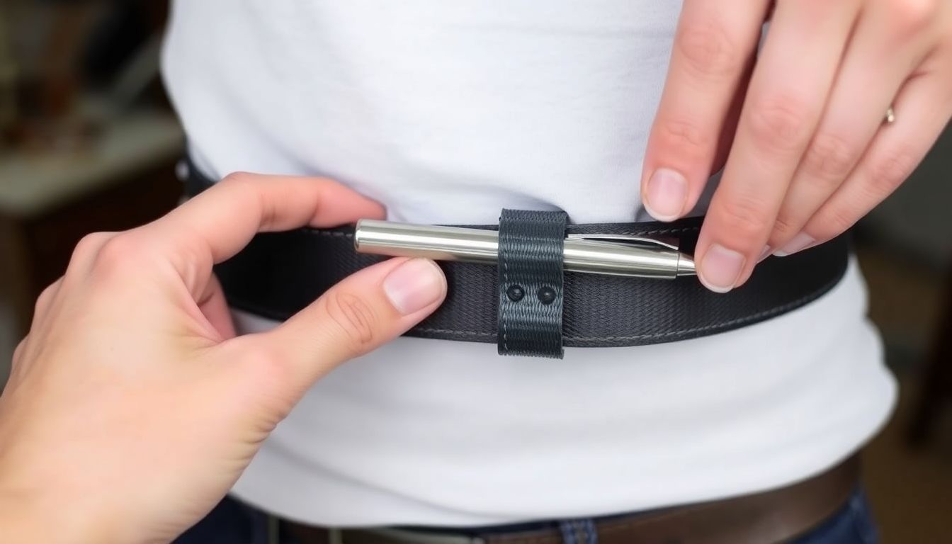 A close-up of a makeshift tourniquet made from a belt and a pen, with a person's hand in the frame, demonstrating how to apply it.