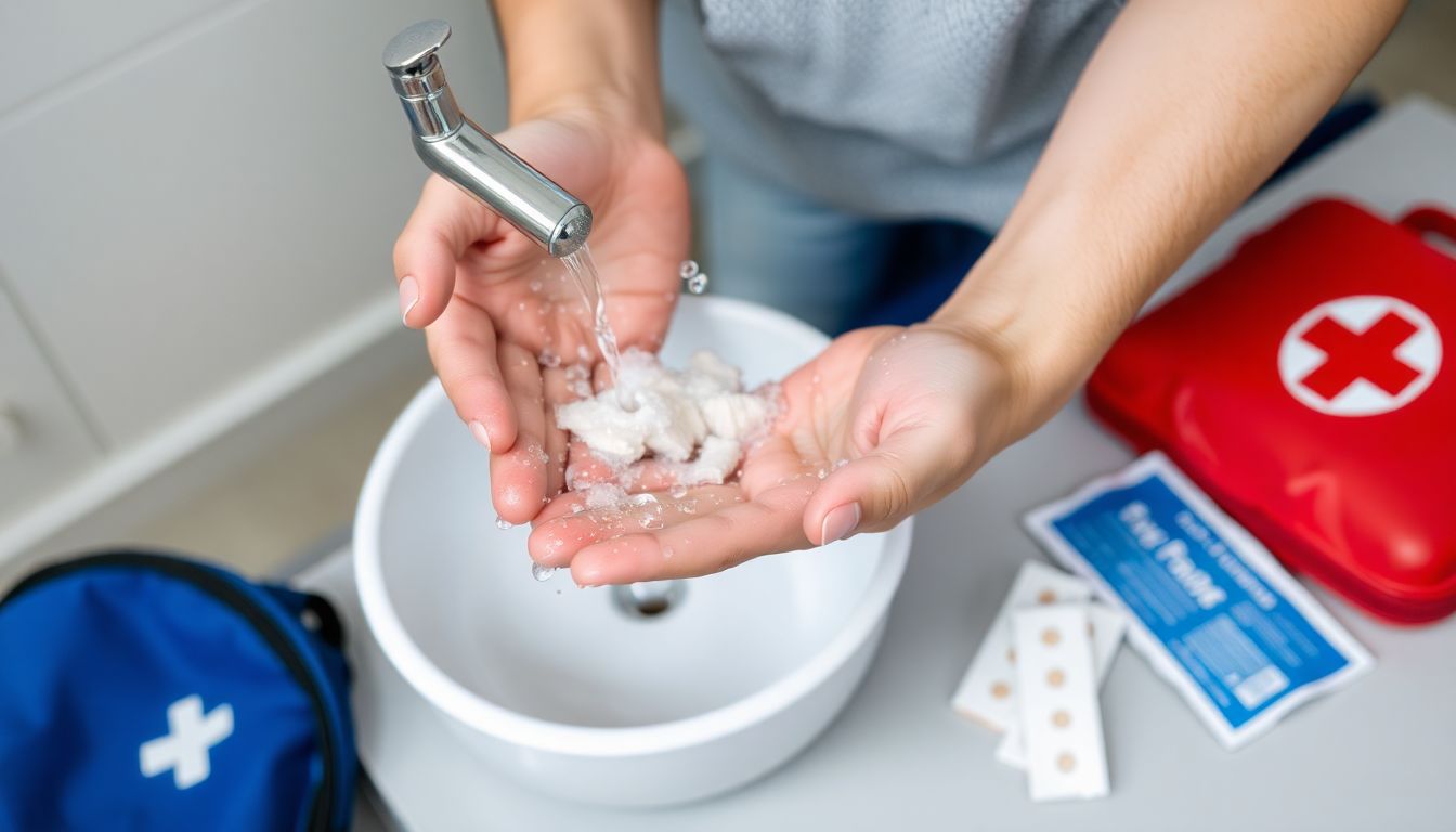 A person washing their hands thoroughly with soap and water, with a first aid kit and clean bandages visible nearby.