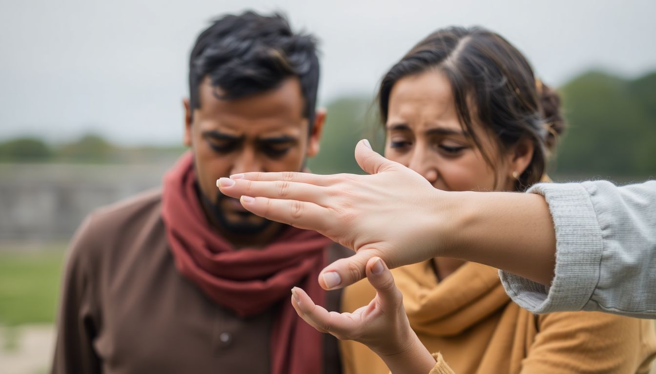 A person offering a comforting hand to a distressed individual, with a calm and reassuring expression on their face.