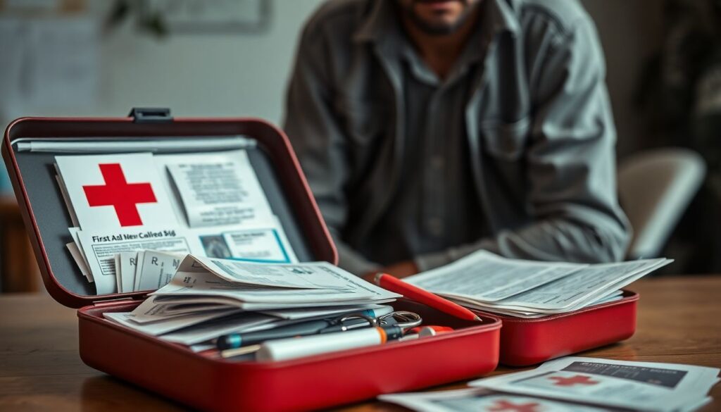 A close-up of a first aid kit open on a table, showing bandages, tweezers, and other basic medical supplies, with a serious-looking person in the background, dressed in casual clothes, ready to provide aid in a chaotic situation.