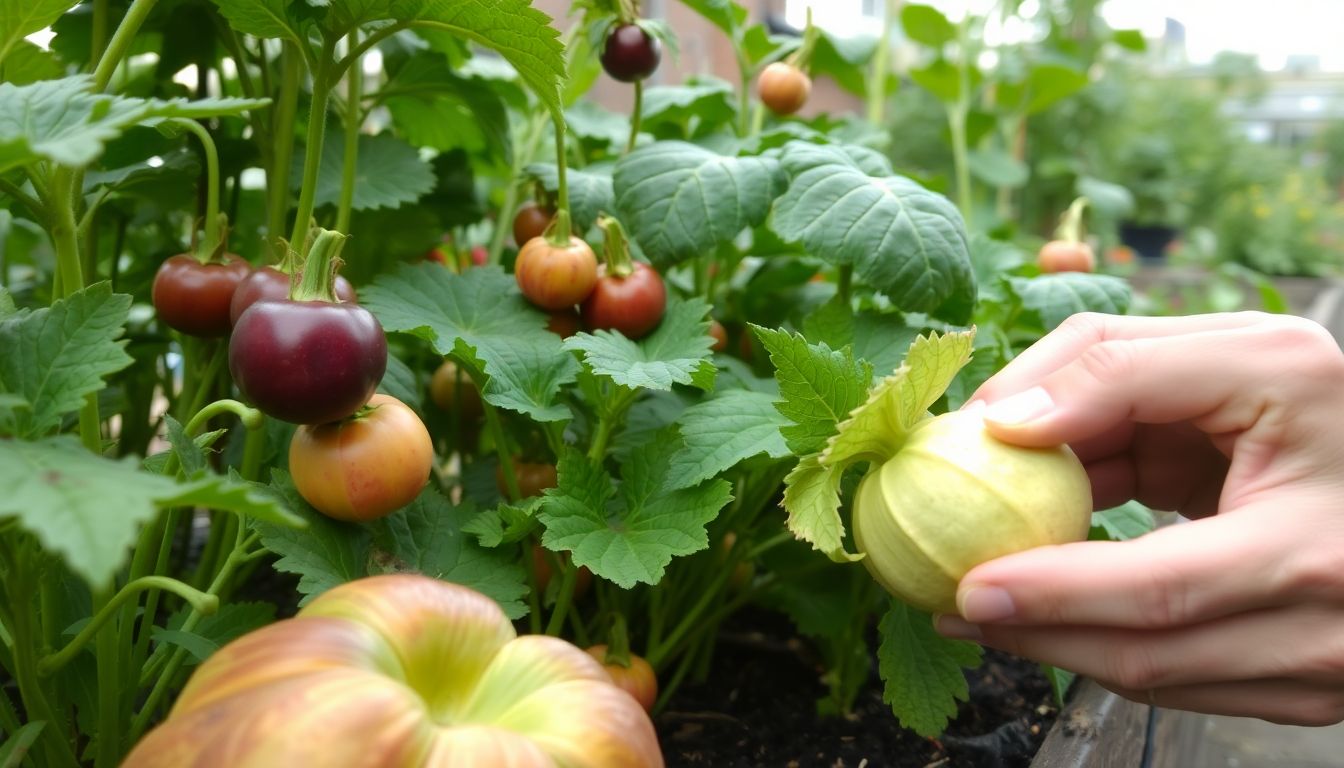 A close-up of various edible plants growing in a city garden, with a person carefully examining them.