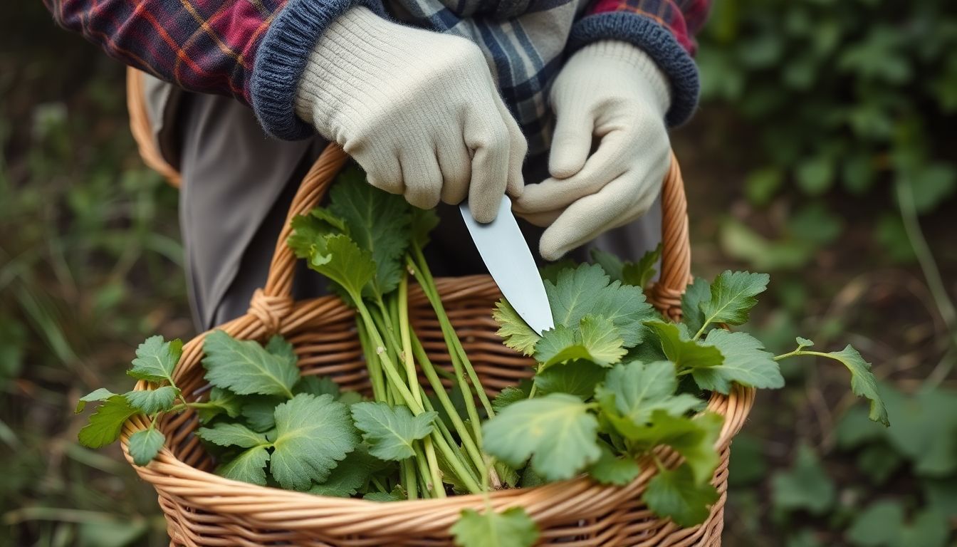 A person wearing gloves and carrying a basket, using a pocket knife to carefully cut edible plants.