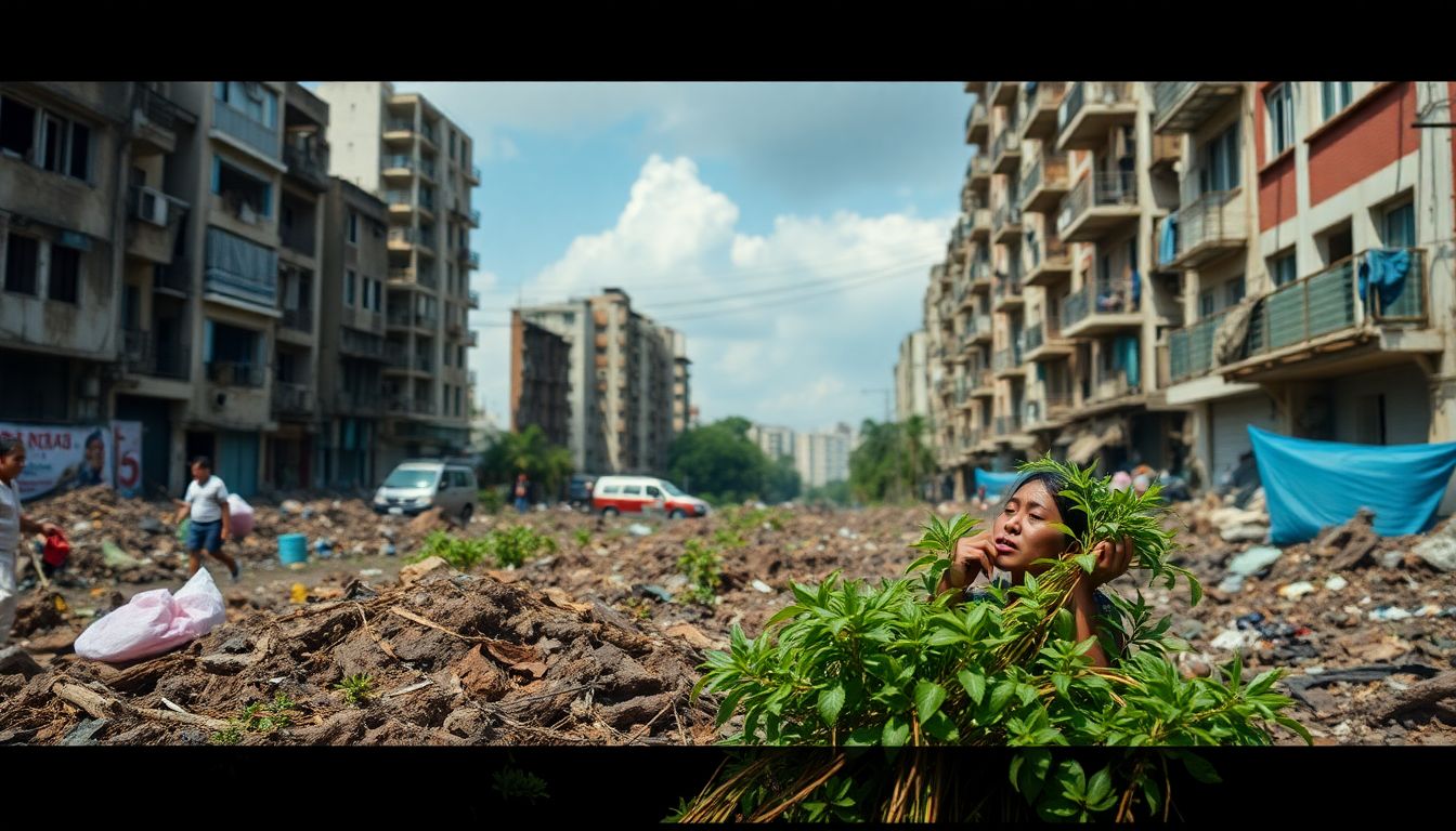 A person foraging in a post-disaster urban environment, with a sense of resilience and determination.