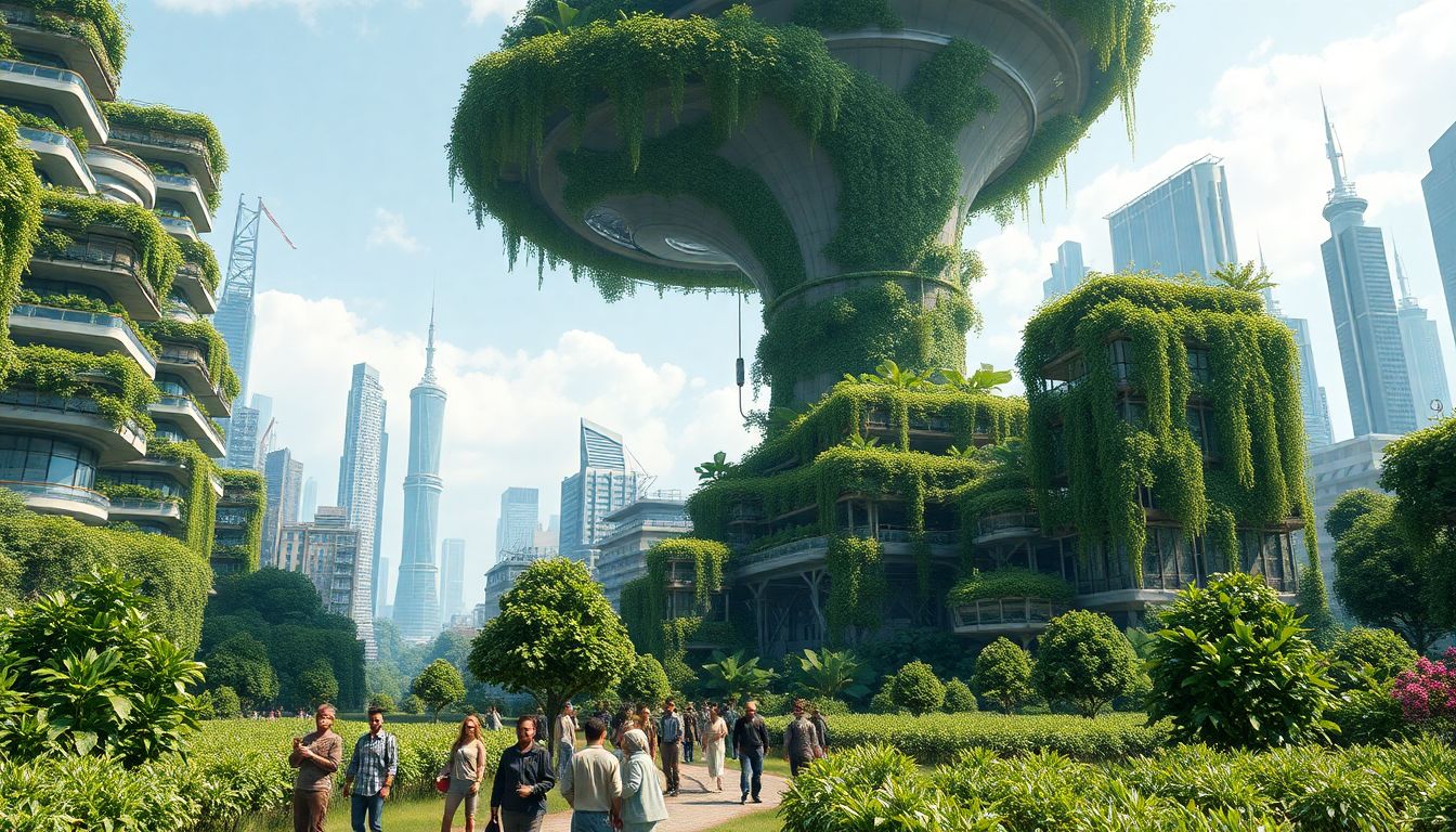 A futuristic cityscape with green spaces and vertical farms, with people foraging in the foreground.