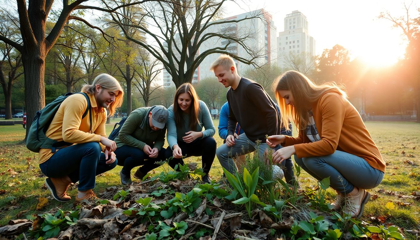 A group of people foraging together in a city park, with a sense of camaraderie and shared purpose.