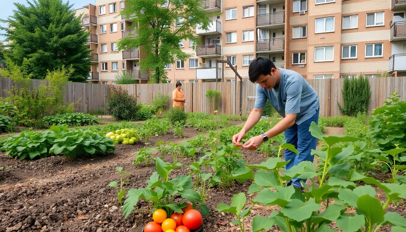 A person foraging in a community garden, with apartment buildings in the background.