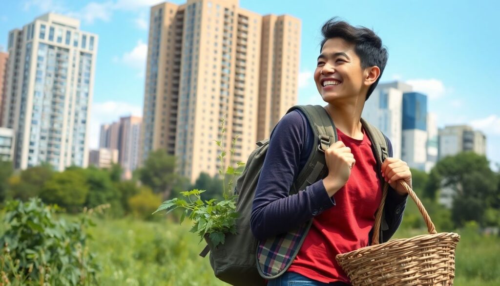 A person in a urban environment, wearing a backpack and carrying a basket, happily picking edible plants from a park, with tall buildings in the background, and a sense of hope and self-sufficiency.