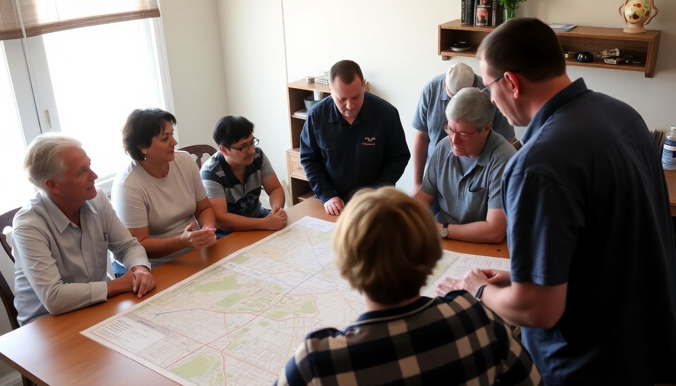 A concerned group of neighbors discussing safety measures, with a map of their neighborhood spread out on a table.