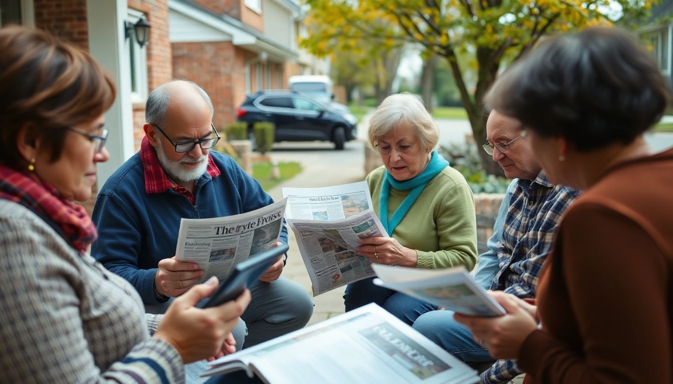 Neighbors staying informed and engaged, with newspapers, tablets, and other information sources in the foreground.