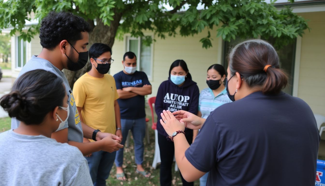 Neighbors participating in a training session, learning first aid or self-defense techniques.