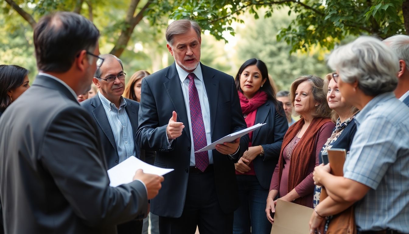 A lawyer or legal professional explaining legal considerations to a group of neighbors.