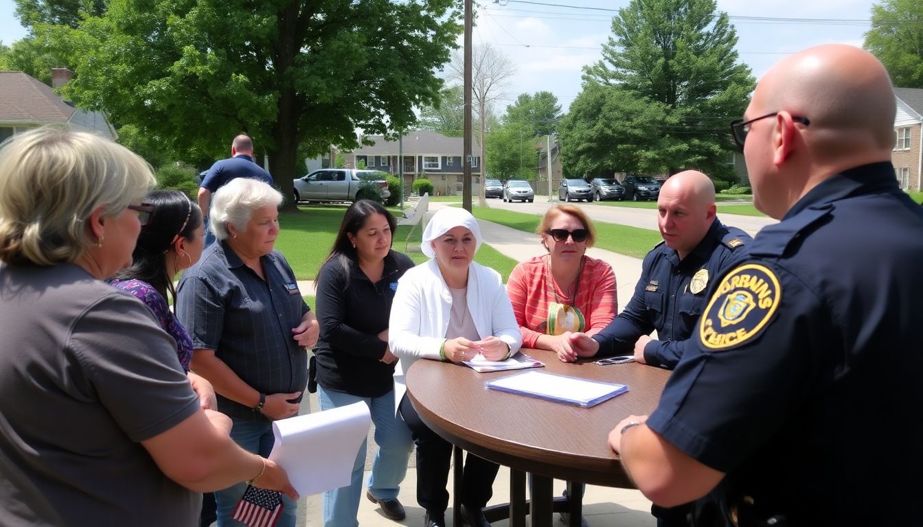 Neighbors meeting with local police officers or community leaders, discussing partnership opportunities.