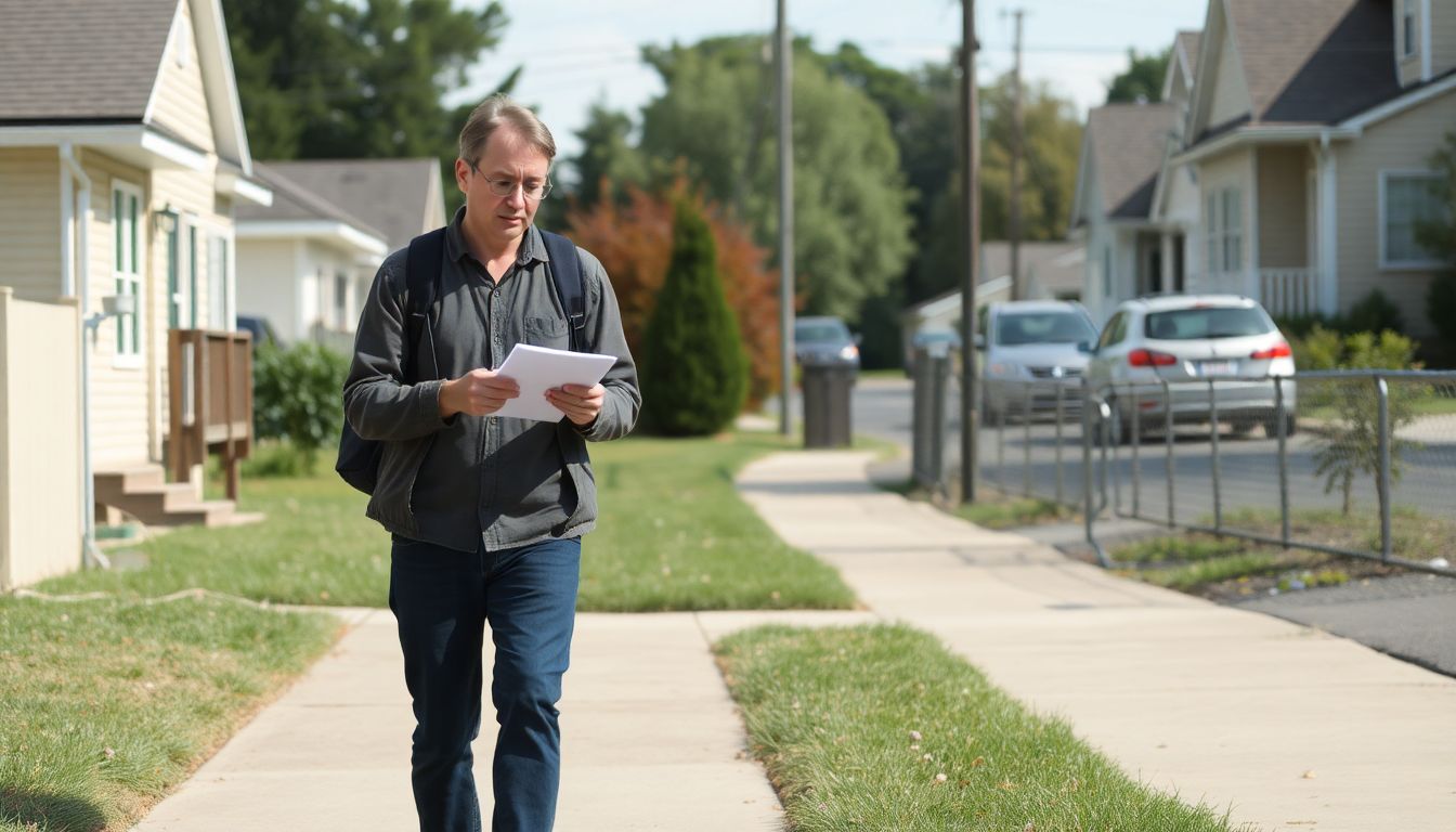 A person walking through their neighborhood, taking notes and observing potential hazards.