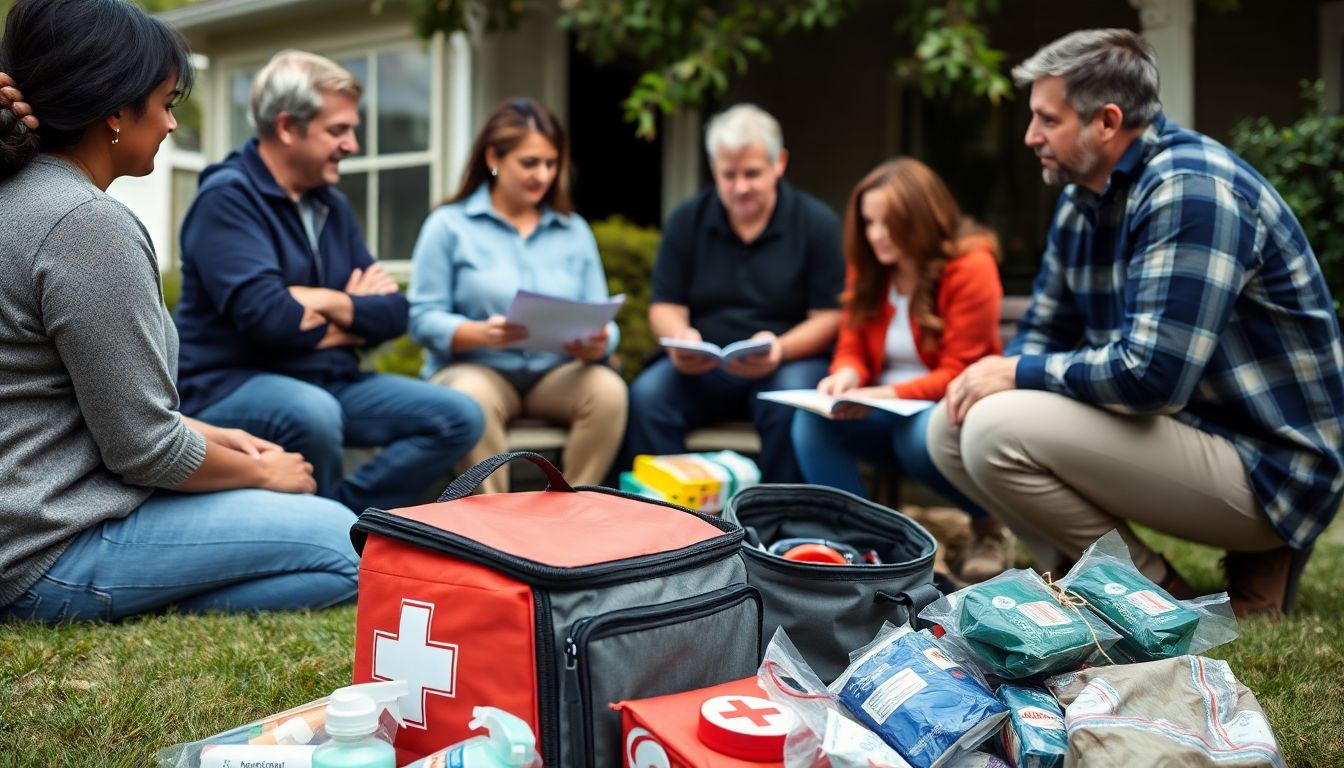 A group of neighbors discussing a detailed plan, with a first aid kit and emergency supplies in the foreground.