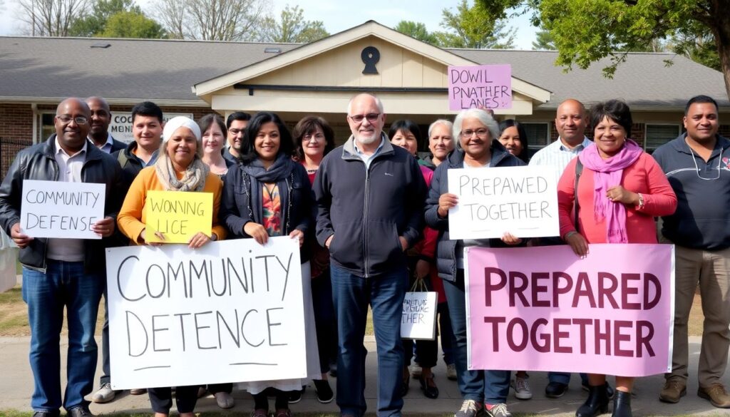 A diverse group of neighbors standing united, holding signs with messages like 'Community Defense' and 'Prepared Together', with a local community center in the background, symbolizing local organization and group preparedness.