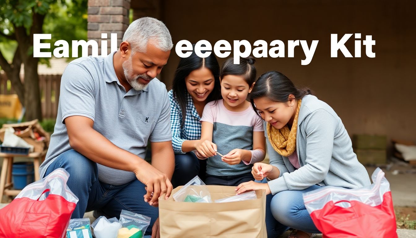 A family preparing an emergency kit together, symbolizing family preparedness for civil unrest.