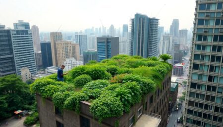 A lush, green rooftop garden hidden among the skyscrapers, with a lone gardener tending to it secretly, surrounded by the bustling city life.