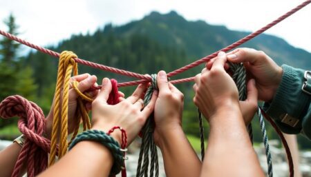 A close-up photograph of a variety of ropes and a diverse set of hands tying different knots, with a backdrop of a wilderness setting, symbolizing the practical application of these skills in emergency situations.