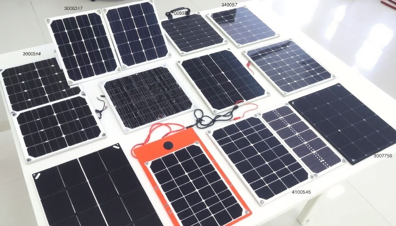 A variety of portable solar panels laid out on a table, with their specifications listed.