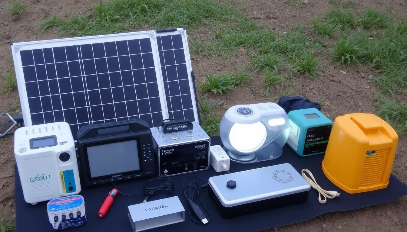 A variety of devices and appliances powered by a portable solar panel setup.